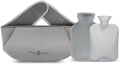 Wärmflasche 1,2L mit Bezug, Wärmflaschengürtel 3 in 1 für Kinder,Erwachsene, Ältere,Frauen, Gummi zur Schmerzlinderung für Nacken Schulter Rücken Taille Regelschmerzen(Grau)