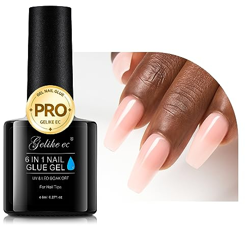 Gelike ec Colla per Unghie Finte 6 in 1, Base Coat Semipermanente Unghie, Nail Glue per Tip UV en Gel Resina Extra Forten 8ml, Albicocca Chiaro