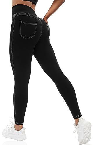 VOOVEEYA Curvy Womens Leggings, High Waisted Yoga Pants with Back Pockets, Tummy Control - Buttery Soft - Stretchy(Black L)