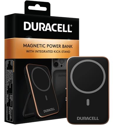 Duracell Magnetisk powerbank från , 5 000 mAh, magsafe-kompatibel, snabb laddning, trådlös powerbank med fällbart stativ, smalt externt batteri för iPhone, iPad, Android, Samsung och Airpods