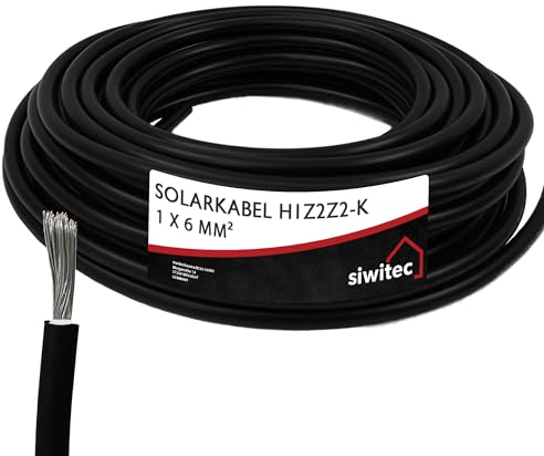 siwitec Solarkabel H1Z2Z2-K 1 x 6 mm² | 60 m Photovoltaik Kabel | Solarleitung | PV Kabel nach Maß | Meterware 5-100 m | Einzelleitung schwarz | Solar Kabel