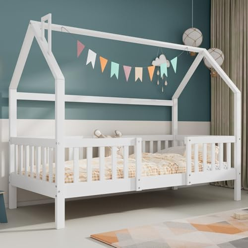 KOMHTOM 90 x 200 cm Kinderbett, Hüttenbett aus Holz, Plattform-Bettrahmen mit Lattenrost, für Mädchen und Jungen, Weiß (B)