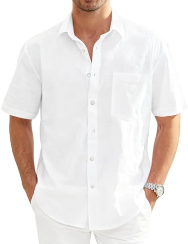 Hommes Chemises Manche Courte Chemise Lin Homme Solid Henley Shirts Été Col Mao Chemise de Plage Classique Regular Fit Chemises L'été