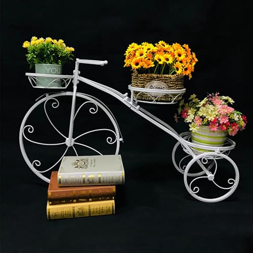 WUSILILU Three-wheeled Plant Stand, Iron Plant Stand with 3 Baskets, Bike Shape Plant Corner Shelf, Plant Display Rack Decor for Outdoor, Indoor, Entryway, Porches, Garden, Balcony (White)