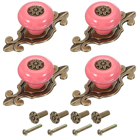 PATIKIL Retro Keramik Knöpfe 1-1/4, 4 Stück Vintage Runde Schubladenknöpfe Kommode Blüten Ziehgriffe mit Rückenplatte/Schraube/Mutter für Küchentür Schrank Kleiderschrank, Pink