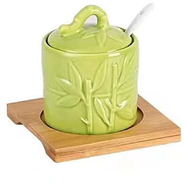 BODHIS Azucarero, Bote para condimentos, azucarero Chino con Tapa, Tarro de Almacenamiento con Hojas de bambú en Relieve (Verde 1)