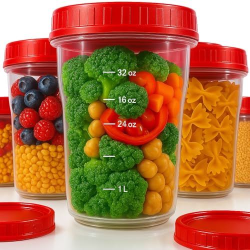 Round Food Storage Containers with Twist Top Lids, Airtight Leakproof BPA-Free Mason Jars Built-in Measuring Scales (ml,oz) – Ideal for Meal Prep, Overnight Oats, Freezer Microwave & Dishwasher Safe