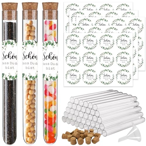 Joycabin Schön dass du da bist Gastgeschenke 50 Stücke Kunststoff Reagenzgläser mit Korken und Aufkleber Besonderes Hochzeitsgeschenk für Taufe Kommunion Geburtstag Hochzeit Party Gastgeschenke