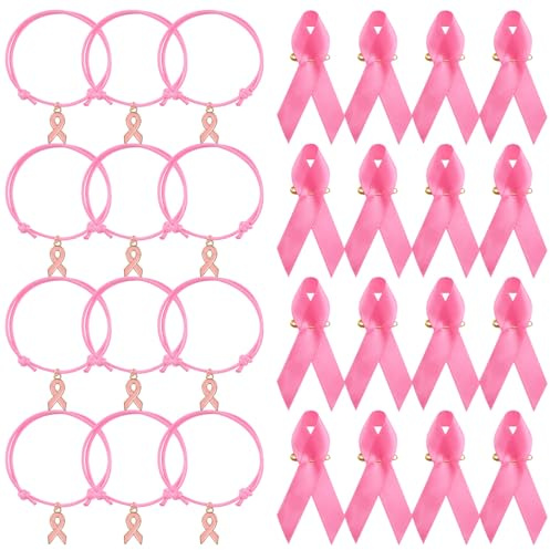 WANDIC 24 Sets Octobre Rose Épingle du Ruban Épingle en Polyester Broches de Sensibilisation au Cancer du Sein avec Carte Bracelet Cordon Réglable Femme pour La Décoration Charité
