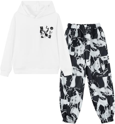Hotfiary Tuta da ragazzo mimetica 2 pezzi felpa con cappuccio a maniche lunghe + pantaloni cargo tuta casual tuta autunno inverno, bianco, 9-10 anni