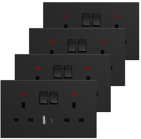 BSEED Double Socket with USB C 4 Pack, Electrical Double Switched Power Plug Wall Socket with LED Indicator, PC Wall Plate Outlet, Black, 13A
