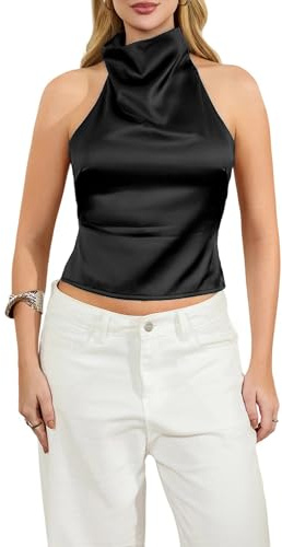 Felcia Womens Satin Halter Tops Stylish Mock Neck Open Back Tank Top Elegant Sleeveless Party Cocktail Top Streetwear (A-Black, S)