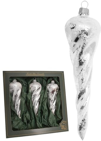 Krebs Glas Lauscha Weihnachtsdekoration/Christbaumschmuck aus Glas - 3er Set Eiszapfen glänzend als Baumschmuck - Farbe: Silber - Größe: ca. 15 cm