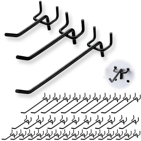 Youery 50 Ganchos para Tableros, Ganchos para Panel Perforado,Juego de Ganchos de Metal en 3 Tamaños (5, 10, 15 cm),Para Tablero de Herramientas, Cocina, Garaje y Organización