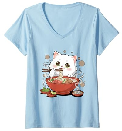 Mujer Pho Cat Lover Palillos Vietnamitas Fideos Comida Asiática Camiseta Cuello V