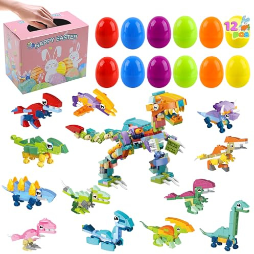 dellyy Huevos de Pascua, 12 Piezas Huevos Sorpresa, Huevos Pascua Plastico con Bloques de Construcción de Dinosaurios, para Caza de Pascua, Regalos para Niños y Recuerdos de Fiesta (Dinosaurios)