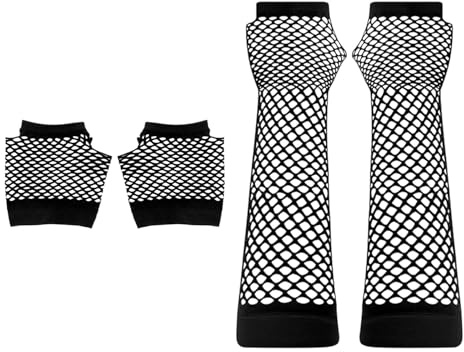 4 Stück Netzhandschuhe Damen Schwarz, Fingerlose Fischnetz Handschuhe Lang und Kurz, 80er Jahre Party Kostüm Zubehör, Elastische Armstulpen für Halloween und Fasching aus Nylon