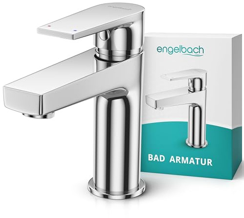 Engelbach® Wasserhahn Bad - 304 Edelstahl Waschtischarmatur mit langlebiger Keramikkartusche - inklusive 2 Schläuche & Anleitung, Waschbecken Armaturen, Mischbatterie Bad, Chrom