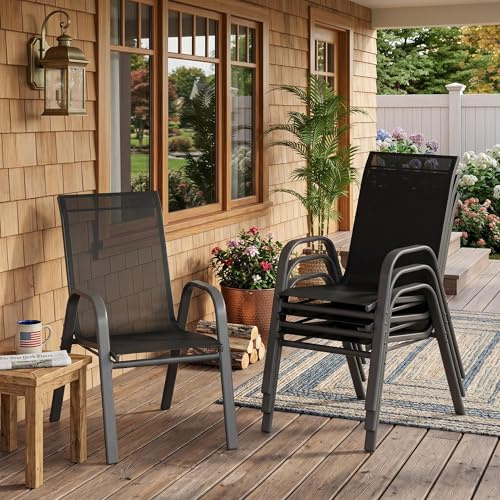 GarveeMore Gartenstühle 4er Set Aus Metall, Stapelbare Textilene Gartenstühle Wetterfest & Rostbeständig, Outdoor Stühle Set Für Balkon, Terrasse & Garten, Pulverbeschichtet (Schwarz)
