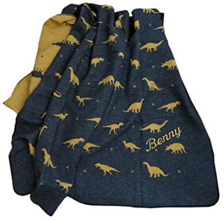 Fussenegger Kinderdecke mit Wunsch-Name bestickt JUWEL junior Dinos allover 140 cm x 200 cm anthrazit curry Kuscheldecke mit Namen personalisiert