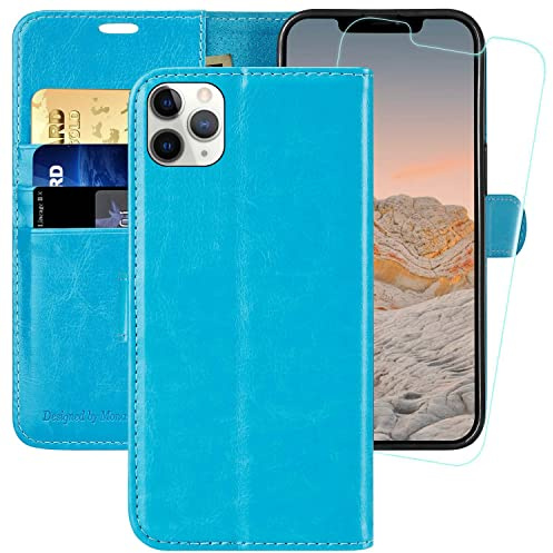 MONASAY iPhone 11 Pro Wallet Case,5.8-inch, [Glass Screen Protector Included][RFID Blocking] Flip Folio Leather Cell Phone Cover with Credit Card Holder for iPhone 11 pro,Light blue