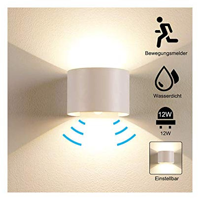 Elitlife 12W Wandleuchte mit Bewegungsmelder Aussen Licht Wasserdicht Außenwandleuchten LED Wandlampe Innen Wandlampe Aluminium Wandleuchte für Garten/Flur/Weg,[Energieklasse A+++] (Weiß)