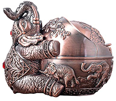 LAUYOO Dekorativer winddichter Aschenbecher mit Deckel für Zigaretten, Metall, tragbarer Zigaretten-Aschenbecher, handgeschnitzt, ausgefallenes Geschenk für Männer und Frauen (roter Kupfer-Elefant)
