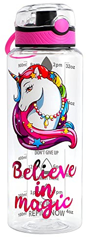 Home Tune Water Drinking Bottle (950ml) - Tritan BPA Free, Wide Mouth, Push-Button Flip Lid, Easy Open, Lightweight, Leak-Proof Water Bottle with Foil Print Design For Girls & Boys - Unicorn