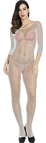 Creamlin Body en résille Lingerie pour femmes Combinaison à manches Catsuit Vêtements de nuit (Blanc)
