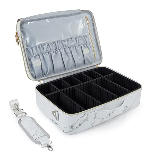 Joligrace Borsa Cosmetici Grande Valigetta Trucco Beauty Case da Viaggio Borso Valigetta per Cosmetici Organizzatore Makeup Trousse Pelle PU con Tracolla y 2 Strati Professionale (Bianco)