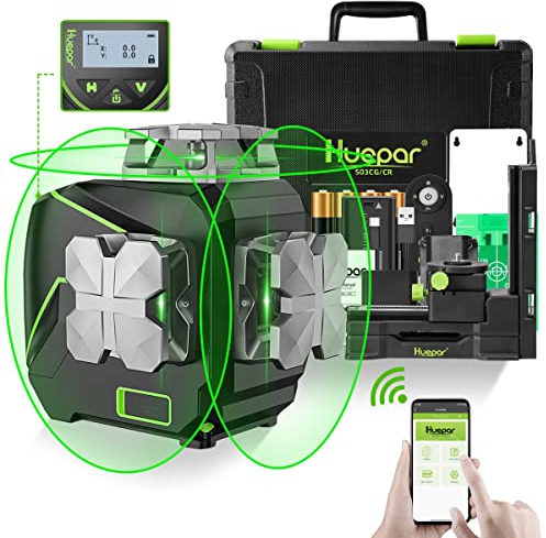 Huepar 12 Linien-3D selbstnivellierendes Laserniveau mit LCD-Bildschirm 3 x 360 ° Bluetooth-Verbindung Grüner Strahl Fadenkreuz Laserwerkzeug -360° Horizontal/Vertikal Laser S03CG-C