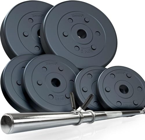 ScSPORTS® Hantelset - 20kg, Gewichte 2x1,25/2x2,5/2x5 kg, 30mm, Kunststoff, Langhantelstange 120cm, Chrom, mit Federverschluss - Langhantel Set, Langhantelset, Hantelstange mit Gewichten