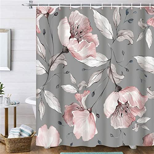 Duschvorhang 300x200cm ,Duschvorhänge Wasserdichter Anti-Schimmel Shower Curtains mit 12 C-Ringe,Verdickter Stoff,Waschbar Stoff Polyester 3D Duschrollo Badewanne Badezimmer Dekor Graue rosa Blumen