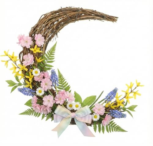 Crescent Moon Grapevine Wreath, 12 Inch Natural Vine Branch Garland for DIY Spring Crafts, Easter, Ramadan, Wedding, Front Door Wall Decor - Rustic Rattan Ring Base