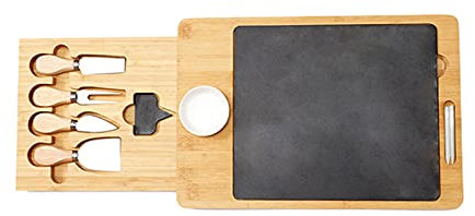 Juego de tablas de queso con cajón que incluye 4 utensilios para cuchillos y plato de porcelana de pizarra, idea de regalo para cumpleaños, registro de bodas, bandeja de charcutería de madera para in