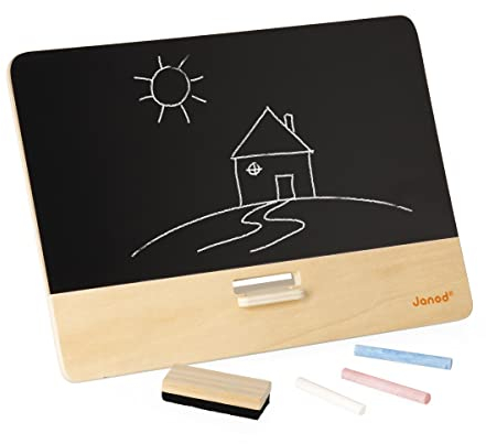 Janod - Tafel zum Aufstellen - 3 Kreiden + 1 Bürste - Einfaches Aufstellen und Verstauen - Spielzeug aus FSC-Holz - Kindertafel - Ab 3 Jahren, J09636