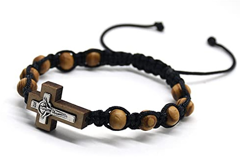 luluscross Wooden Rosary Cross Bracelet for Men Women, 8mm Natural Wood Beads Adjustable Black Cord Christian Catholic Prayer Bracelet with Crucifix
