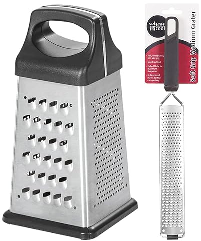 Set of Soft Grip Long Hand Grater With 4 Ways Hand Grater 4 Sided Box Zester Strong Handheld Stainless Steel Razor Sharp Blade Parmesan Cheese Grater Zester Lemon Ginger Root Vegetables & More (Black)