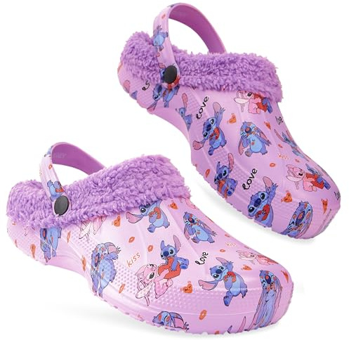 Disney Stitch Zuecos Invierno Mujer con Forro Polar y Charms Extraíbles (Morado, 39/40 EU)