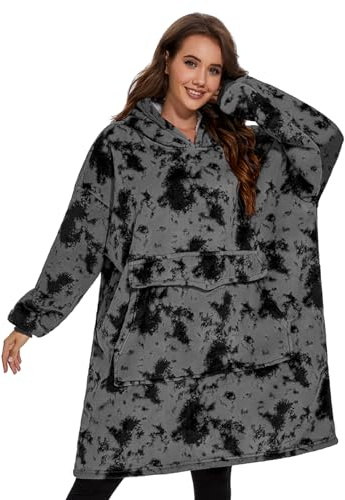 GAYYNE Hoodie Decke mit Ärmeln Deckenpullover, Tragbare Decken Hoodie Damen, Ultra Weiche Sherpa Fleece Hoodie Sweatshirt mit Big Pocket als Geschenke für Frauen Damen Krawattenfarbe Grau