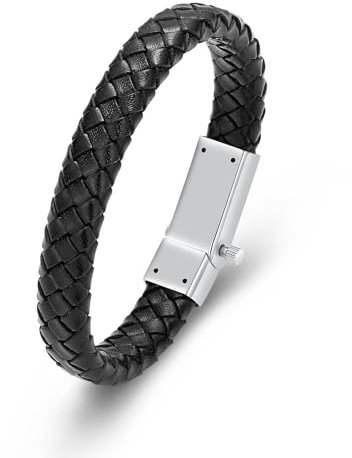 Minicremation Urnen-Armband für Asche, echtes Leder, für Damen und Herren, Andenken, Manschette, Armreif, geflochtenes Armband für Herren, 22cm/8.66inch, Edelstahl, Kein Edelstein