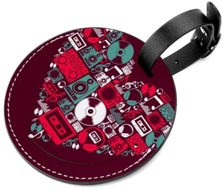 Lot de 2 étiquettes de bagage rondes en cuir avec icônes de musique DJ en forme de cœur avec protection de confidentialité pour valise, sac de voyage