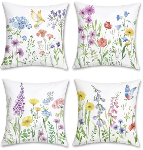 Bonhause Garden Floral Cushion Covers 45 x 45 cm Flowers Birds Decorative Pillow Covers Soft Velvet Pillowcases for Sofa Bed Garden Patio Decor Set of 4