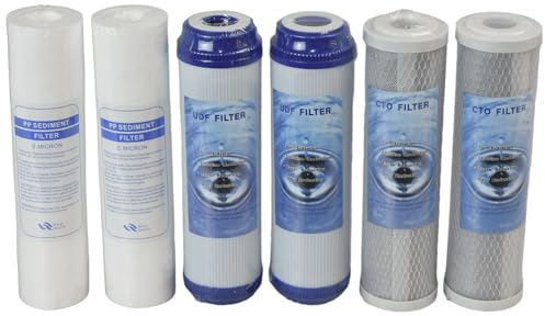 MGidea Filtro de agua potable, 2 unidades, kit de tres cartuchos (6 piezas), filtro para sistema de filtración de agua, sedimentos + carbón activo 10 5 μm para purificador bajo fregadero