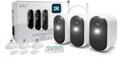 Arlo Essential 2K XL Video Security Camera Outdoor Wireless, XL Battery Operated Home Camera With Colour Night Vision, Light, Siren, 2 Way Audio & WiFi, Arlo Secure Free Trial, 3 Cameras, White