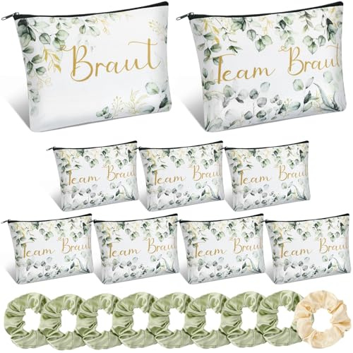 Ylinge 18 Stück Braut Geschenke JGA Party Zubehör Satin Braut Haargummis Team Braut Make up Tasche Geschenk zur Brautparty Junggesellenabschied Tasche Dekoration für Hochzeit Verlobung (Grün)