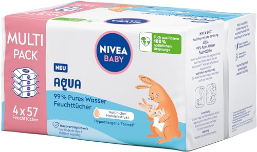 NIVEA Baby Aqua Wet Wipes, Baby Wipes for Gentle Cleaning of Sensitive Skin, Hypoallergenic and Fragrance-Free Wet Wipes for Babies with 99% Water (4 x 57 Pieces)