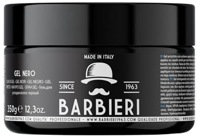 Barbieri Since 1963 - Gel Nero Capelli Uomo 350g – Black Gel con Carbone Vegetale - Fissaggio Forte Lunga Durata – Copre Capelli Grigi e Bianchi – Styling Professionale Profumato - Made in Italy