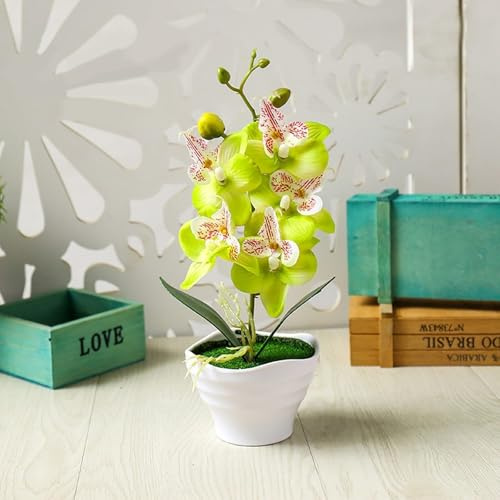 EpheyFIF Artificial Orchid Flowers in Pot, 1 pack Potted Orchid Plant Fake Phalaenopsis Flowers with Plastic Vase for Table Home Decor Office Wedding Party Decoration(Yellow)