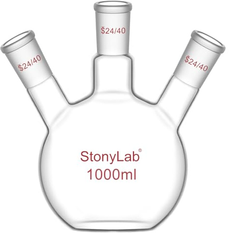stonylab Fiole à Fond Plat à 3 Cols, Verre Borosilicate, Joint Standard 24/40, Fiole de Réaction de Laboratoire de Chimie, Capacité 1000 ml